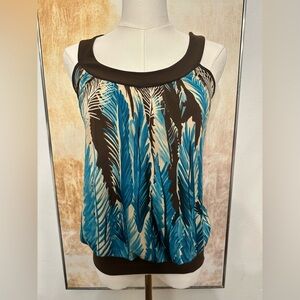 Y2k Vintage Women's Blue & Brown Feather Print Top Size Small Bohemian Festival